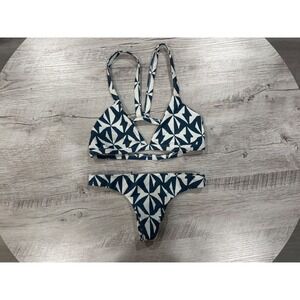MIKOH 2 Piece Bikini Set Blue Geometric Print Bralette Top Large
